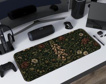 Gothic Botanical Desk Mat, Death's Head Moth Mouse Pad, Dark Whimsigoth XL Gaming Mat, Spooky Cottagecore Thorns Office Decor, Moody Plants
