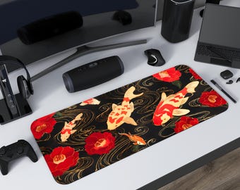 Japanese Koi Fish Desk Mat, Gaming Mousepad, Abstract Black Red Gold Mouse pad, Extended Deskmat for Keyboard and Mouse, Office PC Setup