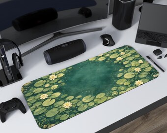 Lily Pond Mouse Pad | Serene Water Lily Illustration | XL Calm Nature Desk Gift | Green Aesthetic Workplace Decor Gift