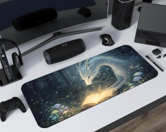 Enchanted Forest Dragon Desk Mat | Fantasy Woodland Illustration | Magical Night Workspace Decor