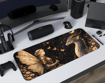 Female Medieval Knight Tapestry Style Desk Mat Mythical Celestial Fantasy Workspace Whimsical Boho Magical Dragon Mousepad Vintage Aesthetic