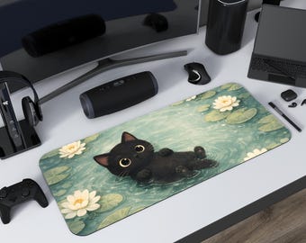 Black Cat Lily Pond Desk Mat | Kawaii Workspace Black Cat Desk Mat | Kawaii Aesthetic Extended Mouse Pad