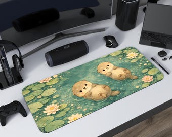 Lofi Otters Desk Mat | Anime Otters Floating in Lily Pond | Green Pastel Water & Flowers | Nature XXL Oversized Desk Workspace Gift