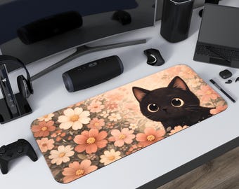 Pastel Pink Floral Black Cat Desk Mat | Kawaii Aesthetic Extended Mouse Pad
