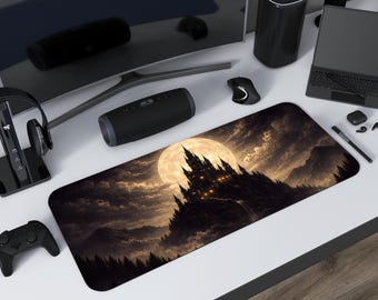 Tapis de bureau du château de Dracula, décor vampire sombre, tapis de souris gaming XXL, art gothique classique du château, tapis de souris gaming effrayant, configuration horreur, cadeau pour joueur