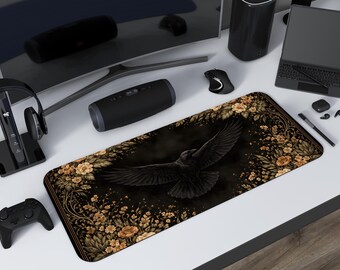 Raven in Flight Desk Mat, Raven Tapestry Desk Mat, Medieval Blackbird Desk Pad, Castle Decor Desk Topper, High Fantasy Mousepad, Crow