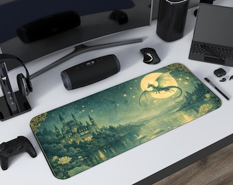 Fae Dragon Desk Mat: Moonlit Châteaucore Fantasy Mouse Pad