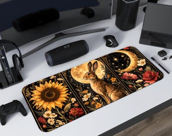 Gothic Triptych Hare Desk Mat Boho Celestial Tarot Card Play Mat Crescent Moon Full Moon Sun Mouse Pad Rabbit Flowers Botanical Floral Game