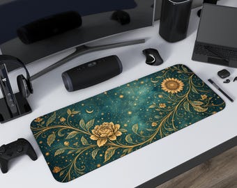 Celestial Floral Desk Mat | Gold Botanical Night Sky Art | Elegant Fantasy Workspace Decor