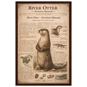 May include: A framed vintage-style print depicting a River Otter, with detailed illustrations and text. The print includes information on the otter's habitat, behaviour, and anatomy, with a map and diagrams. The colour scheme is warm, with brown and beige tones.