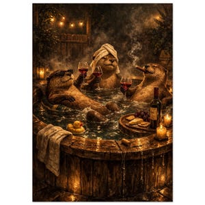 Könnte beinhalten: Eine skurrile Illustration zeigt drei Otter, die sich in einem hölzernen Whirlpool entspannen und Wein und Zigarren genießen. Ein Otter trägt eine Sonnenbrille, ein anderer hat ein Handtuch auf dem Kopf. Eine Flasche Wein, Snacks und Kerzen stehen auf einem Holztablett.