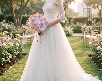 Ramo de novia de rosas blancas y rosas rosadas tejido a mano, romántico ramillete nupcial de punto, arreglo floral eterno único para la novia y el compromiso.