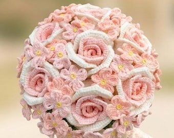 Ramo de novia de ganchillo hecho a mano, flores románticas de rosas y margaritas rosas para boda, ramo de novia tejido a mano para la boda que perdurará para siempre.