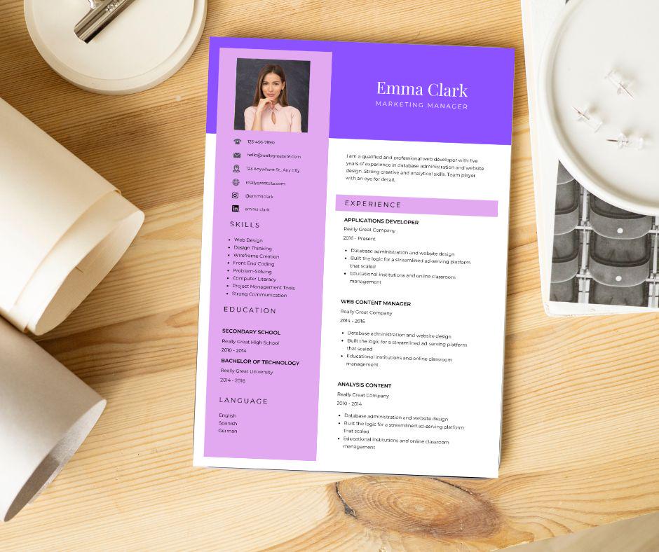 Resume Examples Female Editable Resume Template with photo, Minimalist violet, Cover letter ...