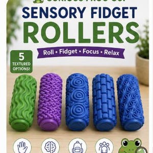 May include: Five cylindrical sensory fidget rollers in green, purple, and blue with distinct surface textures. The packaging features the text Curious Frog Co. Sensory Fidget Rollers, Roll Fidget Focus Relax, 5 Textured Options, and icons.
