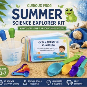 May include: A Curious Frog Summer Science Explorer Kit featuring a translucent measuring cup with two droppers, a set of small colorful measuring spoons, a set of larger scoops, and a ring-bound deck of laminated activity cards for children.