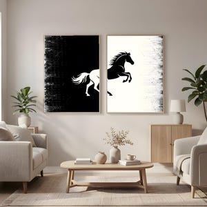 May include: Two framed art prints featuring horse silhouettes. One print has a black background with a white horse, and the other has a white background with a black horse. Both prints have a dotted pattern.