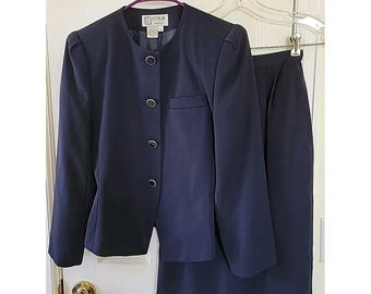 Atrium Petite Skirt Suit Size 5/6 Jacket 3/4 Skirt Blue Pockets Lined Vintage