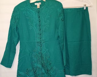 Justin Taylor Sz 8 Skirt Suit Green Embroidered Tunic Lined Elastic Vintage F4