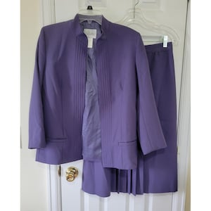 Pykettes Vintage Lila Rock Anzug Set Biesen Blazer Falten Midi Rock 10P