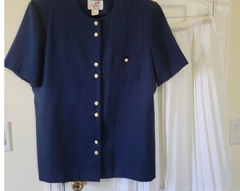 VNTG Caron Chicago Navy Blue Top & White Pleated Skirt Set Size 12 Made in USA