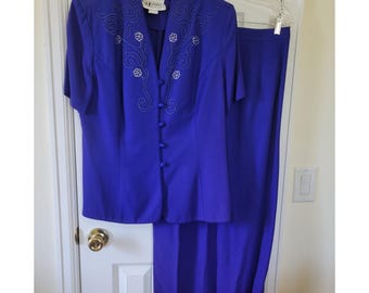 S.L. Fashions Vintage Blå Kjolkostym Set Med Broderi, Pärlor, 2 Delar, Storlek 14 USA