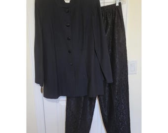 Leslie Fay Vintage 2 Piece Set Black Jacket Lace Pants Suit Size 12 Button Front