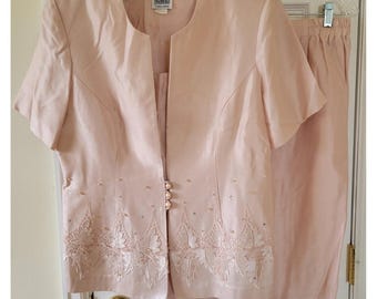 R&M Richards Karen Kwong Vintage Pink Skirt Suit Set Lace Pearl Size 14 1655