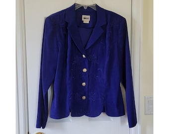 Giacca blazer Leslie Fay blu royal ricamata in finta pelle scamosciata, taglia 14, codice 0103574