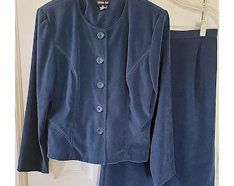 Leslie Fay Navy Blue Skirt Suit Set Jacket Pencil Skirt Petite 8P Business