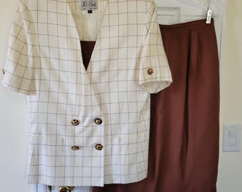 Le Suit Vintage 2pc Skirt Suit Windowpane Plaid Blazer Brown Skirt Size 12 AS IS