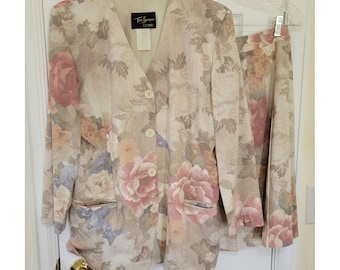 Toni Garment for CC Magic ヴィンテージフローラルスカートスーツ ピンクピーチ サイズM 10 USA
