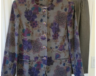 Conjunto de falda vintage Jacqueline Ferrar, blazer floral, falda lápiz gris, talla 10