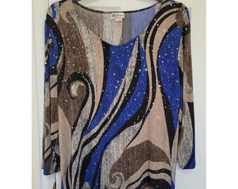 All Hours Abstract Swirl Rhinestone Top Blue Brown Black XXL 057-599 Made in USA