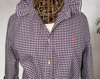 Upcycled Ralph Lauren Deep Purple Gingham Ruffle Collar Shirt | Coastal Preppy |S/M