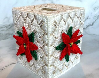 Vintage Christmas Poinsettia Plastic Canvas Tissue Box Cover Handmade Needlepoint