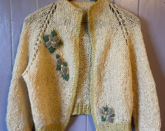 Vintage Handmade Open Knit Floral Applique Cardigan Fuzzy Butter Cottagecore