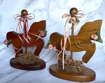 Vintage Wooden Carousel Horse Decor Set of 2 Pink Roses Ribbon Cottagecore