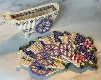 Vintage Plastic Canvas Floral Coaster Set Wagon Holder 5pc Handmade Needlepoint