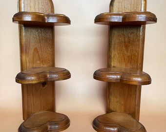 Vintage Pair Wood Heart Wall Shelves 3 Tier Country Cottagecore Display 13"