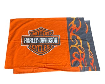 Vintage Y2K Harley Davidson Pillowcases 2pc Orange Black Tribal Flame Logo