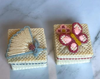 2 Vintage Plastic Canvas Yarn Trinket Boxes Butterfly Fan Rose Handmade 3"
