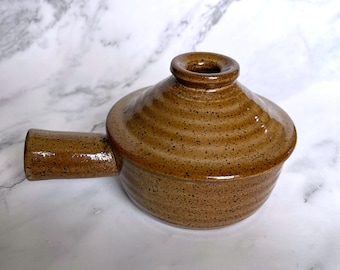 Vintage Stoneware Individual Casserole Soup Crock w Lid Brown Speckled 6.25"