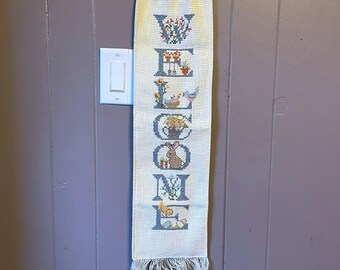 Vintage WELCOME Cross Stitch Wall Hanging Bunny Flowers Cottagecore 27" Banner