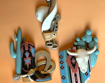 Vintage 1995 Burwood Western Wall Decor 3pc Cowboy Boots Cactus Skull USA