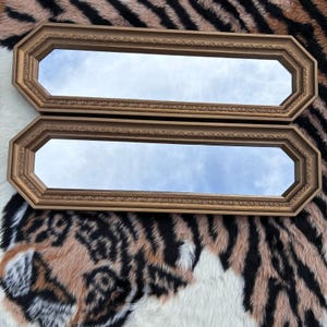 May include: Two elongated, horizontal mirrors with octagonal ends and ornate, textured gold-toned frames. The reflective surfaces show a clear sky reflection, and the frames feature a repeating decorative pattern along the inner edges.