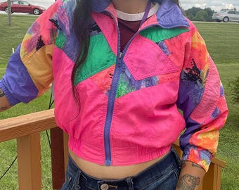 Vintage 90s London Fog Girls 5-6 Neon Colorblock Windbreaker Jacket Retro