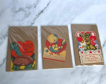 Vintage 1940s 1950s Valentine Cards Lot of 3 Die Cut Animal USA Turtle Duck Dog