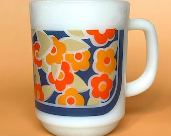Vintage Fire King Anchor Hocking Floral Milk Glass Mug Orange Blue MCM 1960s