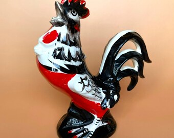Vintage 1950s Japan Ceramic Rooster Figurine Red Black White MCM 6.75"